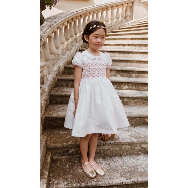 Bagatelle Silk Handmade Smocked Dress, White/Pink