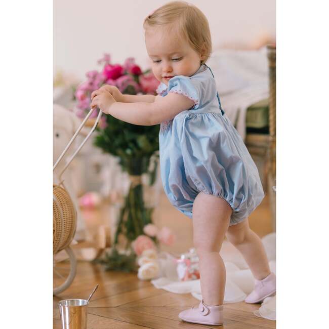 Cassis Short Sleeve Smocked Romper, Blue - Rompers - 3