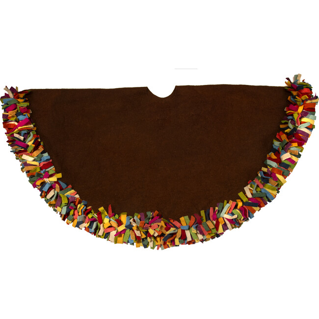 Handmade Felt Christmas Tree Skirt - Multicolor Fringe Border on Brown - 64" - Tree Skirts - 1