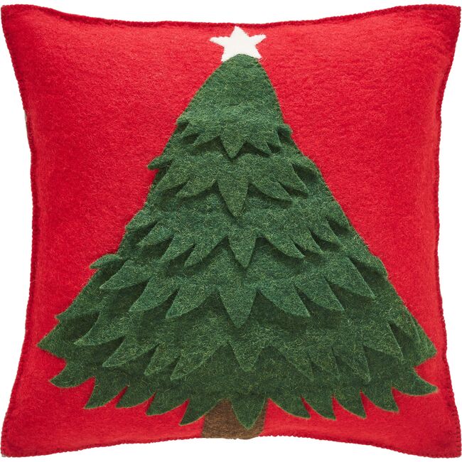 Handmade Christmas Pillow Cover in Hand Felted Wool - Tree on Red - 14"