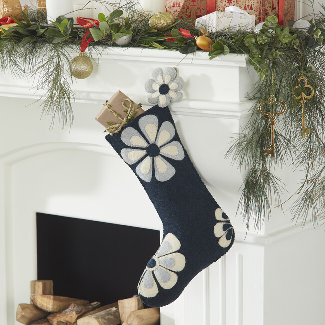 Hand Felted Wool Christmas Stocking - Flower Power in Blue