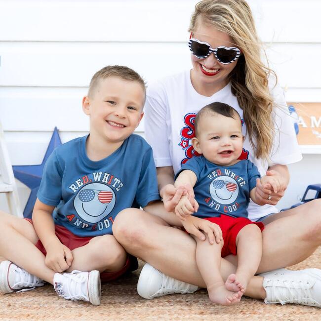 Red, White, and Cool Patriotic Smiley Short Sleeve Bodysuit, Indigo