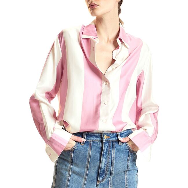 Silk Stripes Button-Up Shirt, Pink/Ivory