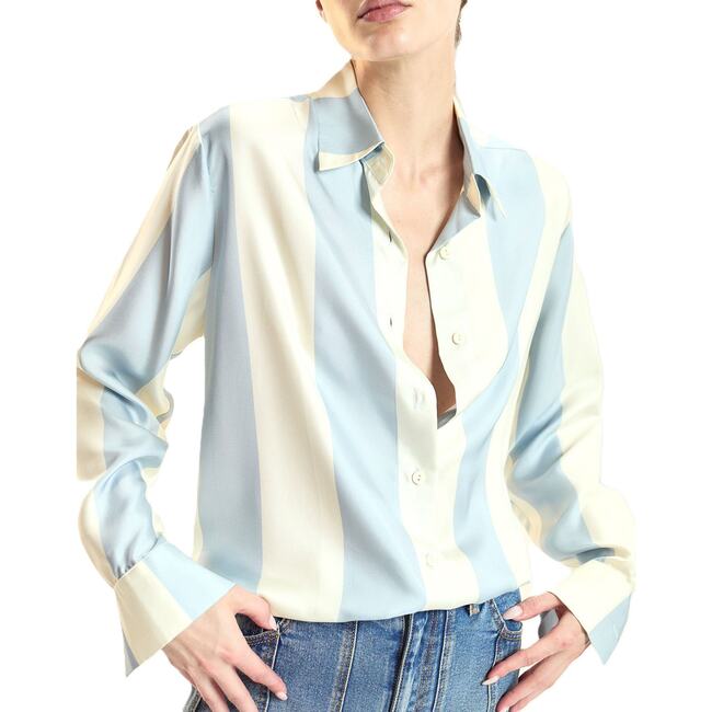 Silk Stripes Button-Up Shirt, Blue/Ivory