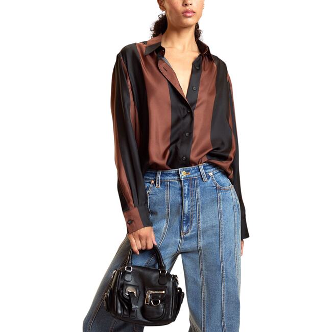 Silk Stripes Button-Up Shirt, Black/Brown