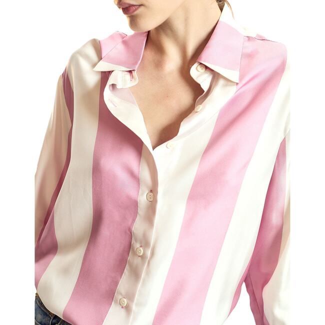 Silk Stripes Button-Up Shirt, Pink/Ivory