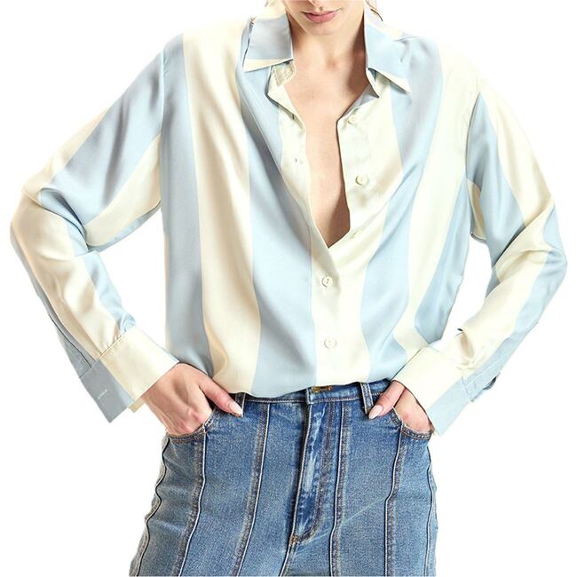 Silk Stripes Button-Up Shirt, Blue/Ivory