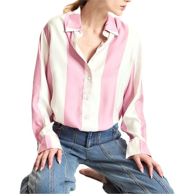 Silk Stripes Button-Up Shirt, Pink/Ivory - Button Downs - 3