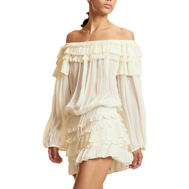 Ruffle Pleated Micro Skirt, Off White