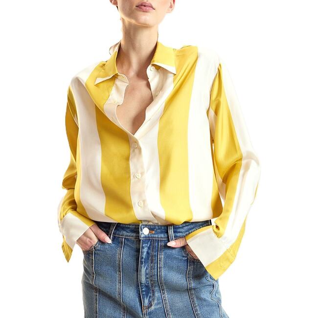 Silk Stripes Button-Up Shirt, Yellow/Ivory