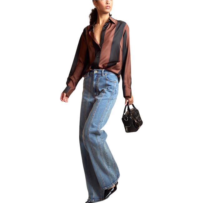 Silk Stripes Button-Up Shirt, Black/Brown