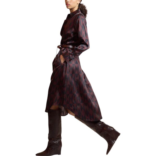 Pintuck Silk Charmeuse Shirt Dress, Black/Burgundy - Dresses - 3