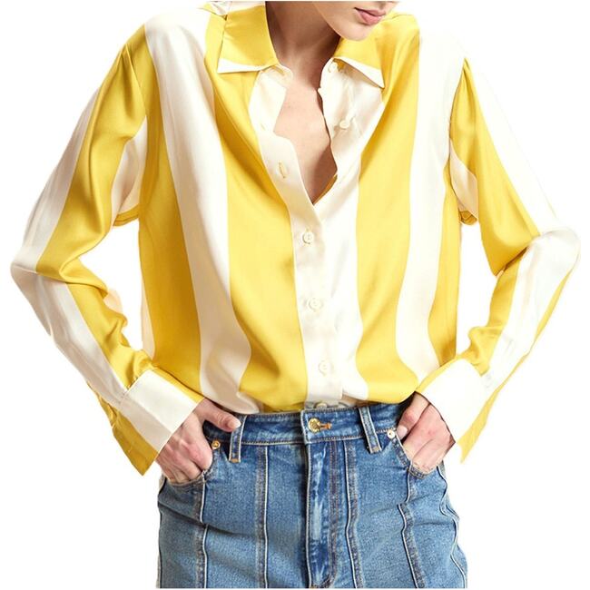 Silk Stripes Button-Up Shirt, Yellow/Ivory - Button Downs - 3