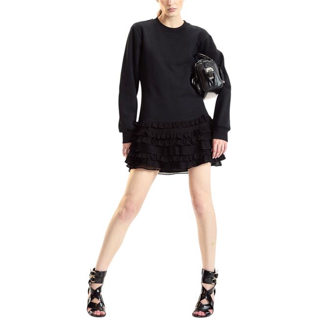 Sweatshirt Georgette Ruffle Combo Dress, Black - Dresses - 4