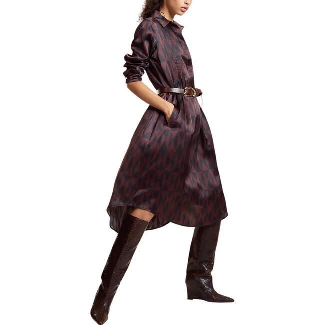 Pintuck Silk Charmeuse Shirt Dress, Black/Burgundy - Dresses - 4