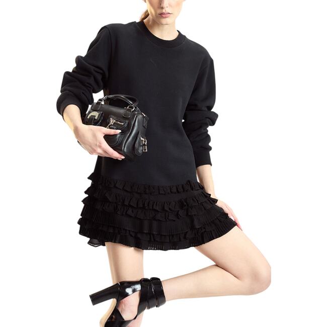 Sweatshirt Georgette Ruffle Combo Dress, Black - Dresses - 5
