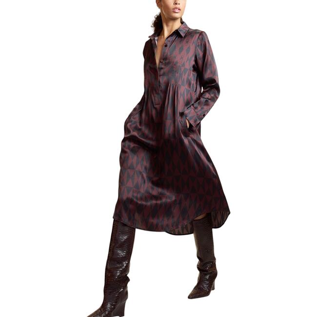 Pintuck Silk Charmeuse Shirt Dress, Black/Burgundy - Dresses - 5