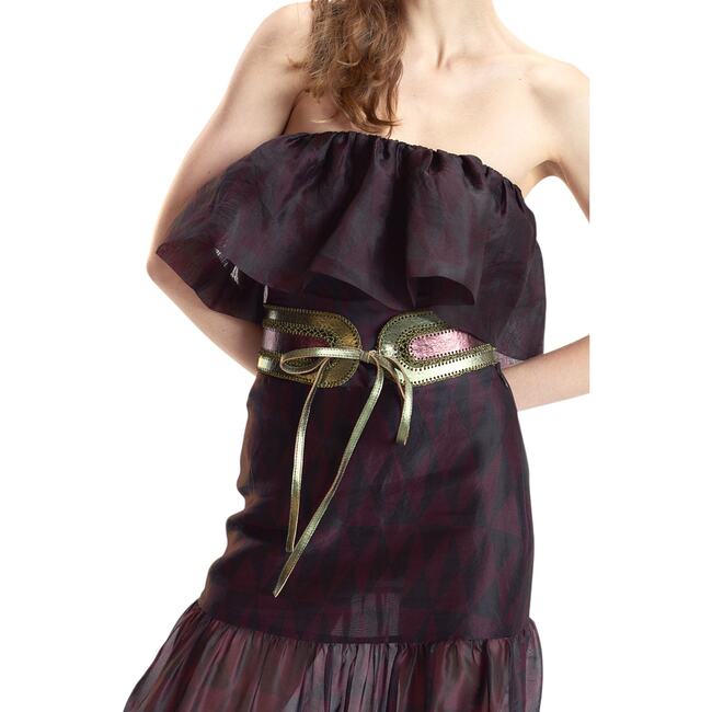 Organza Mesh Flounce Tube Top, Black/Burgundy