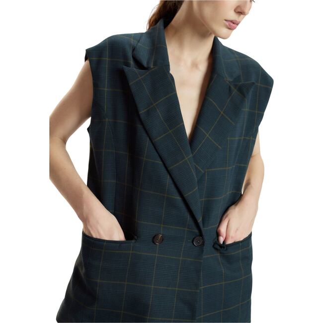 Oversized Double Breasted Vest, Green Plaid