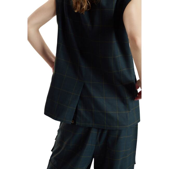 Oversized Double Breasted Vest, Green Plaid - Vests - 4