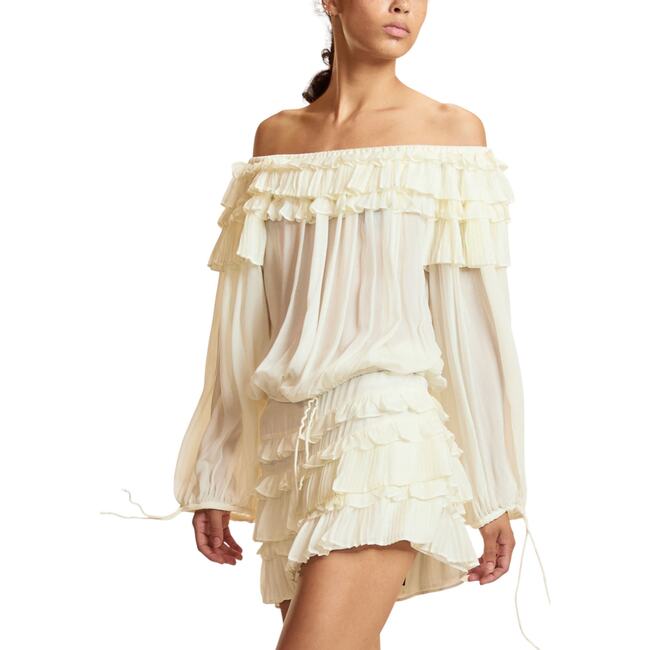 Off Shoulder Ruffle Blouse, Off White - Blouses - 3