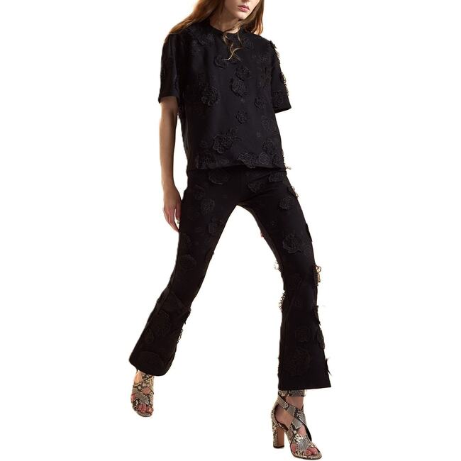 3D Flowers Ponte Knit Cropped Pants, Black