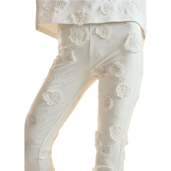 3D Flowers Ponte Knit Cropped Pants, White