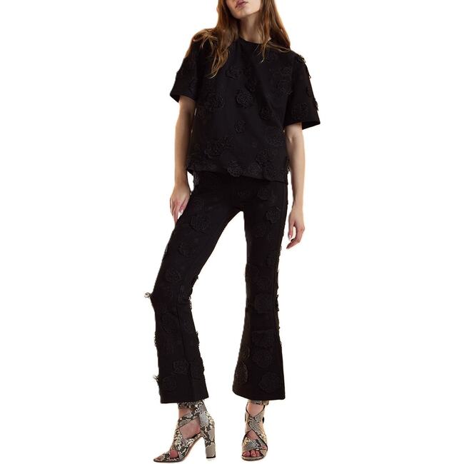 3D Flowers Ponte Knit Cropped Pants, Black