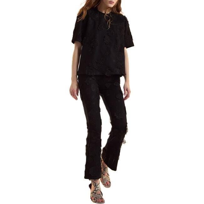 3D Flowers Ponte Knit Cropped Pants, Black - Pants - 3