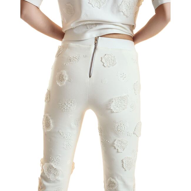 3D Flowers Ponte Knit Cropped Pants, White - Pants - 4