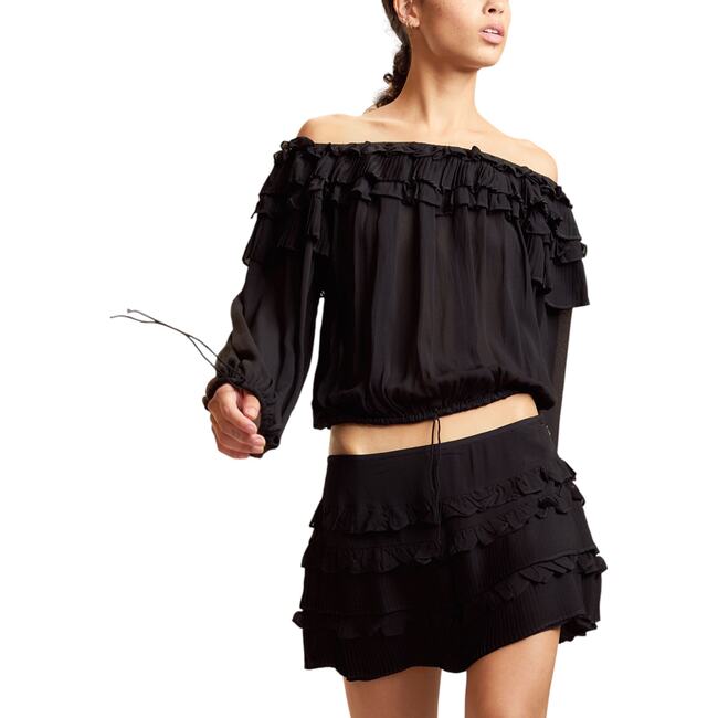 Off Shoulder Ruffle Blouse, Black - Blouses - 4