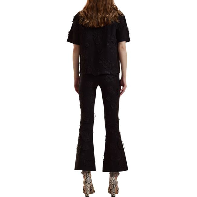 3D Flowers Ponte Knit Cropped Pants, Black - Pants - 6