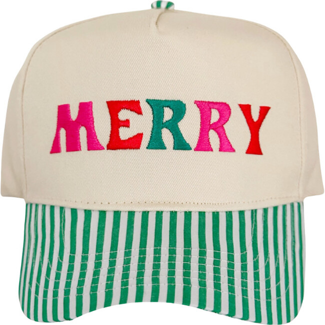 MERRY AND BRIGHT Embroidered Hat, Green Stripe