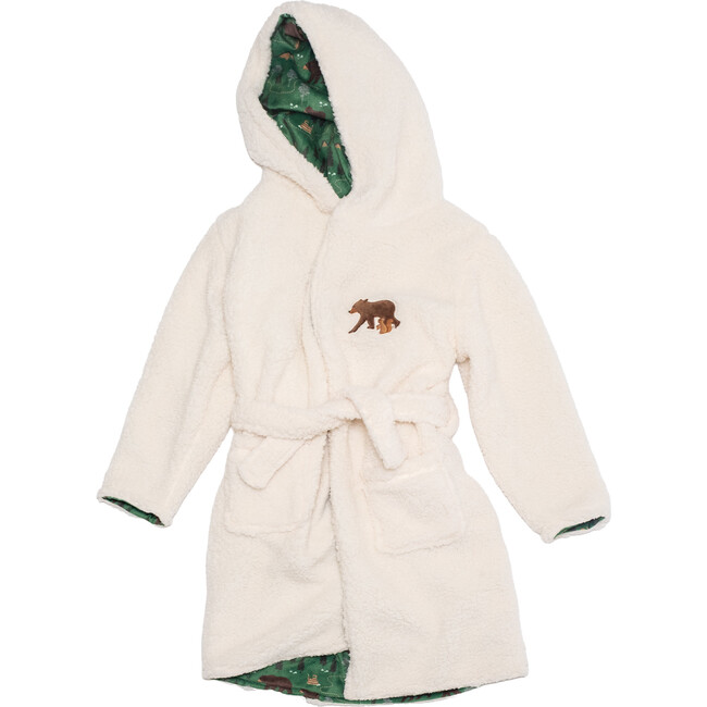 Cozy Switch Robe Reversible Sherpa & Printed Mink Robe with Appliqué, Coconut Camping Trails