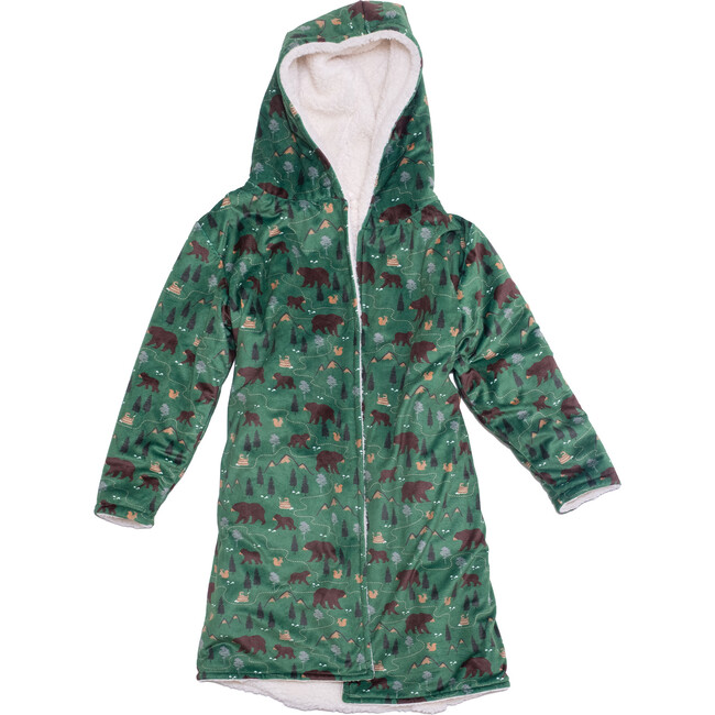 Cozy Switch Robe Reversible Sherpa & Printed Mink Robe with Appliqué, Coconut Camping Trails