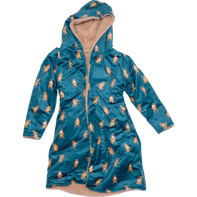Cozy Switch Robe Reversible Sherpa & Printed Mink Robe with Appliqué, Curry Skating Sloths