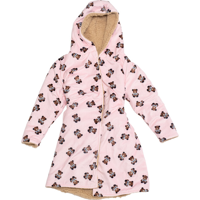 Cozy Switch Robe Reversible Sherpa & Printed Mink Robe with Appliqué, Irish Cream Teddy Bears