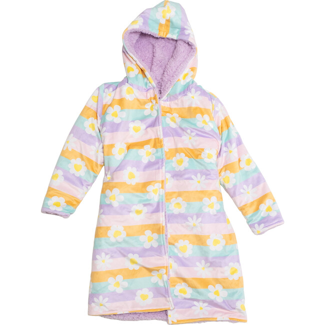Cozy Switch Robe Reversible Sherpa & Printed Mink Robe with Appliqué, Orchid Bouquet Happy Daisy Stripes