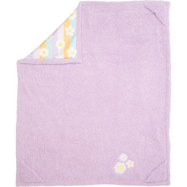 Cozy Switch Blanket Reversible Sherpa & Mink Fleece Blanket with Embroidered Appliqué, Orchid Bouquet Happy Daisy Stripes