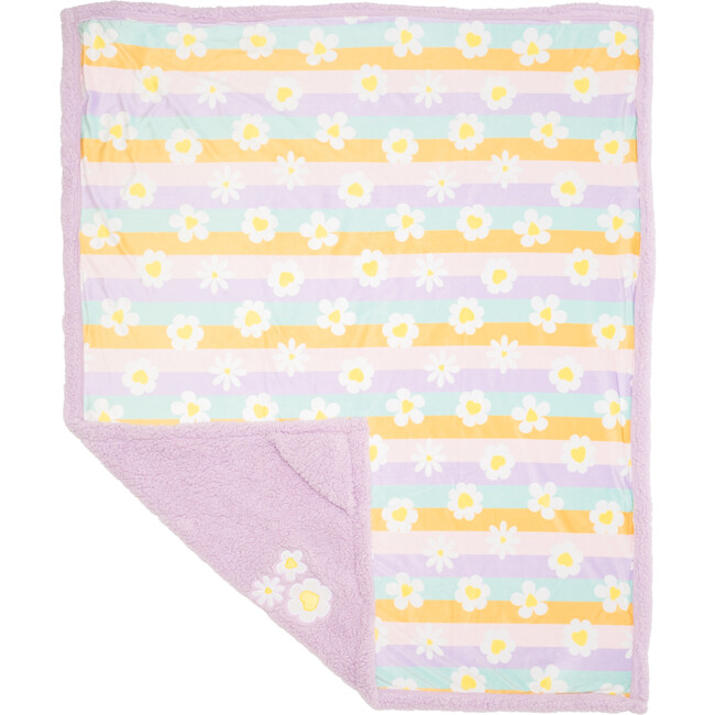 Cozy Switch Blanket Reversible Sherpa & Mink Fleece Blanket with Embroidered Appliqué, Orchid Bouquet Happy Daisy Stripes