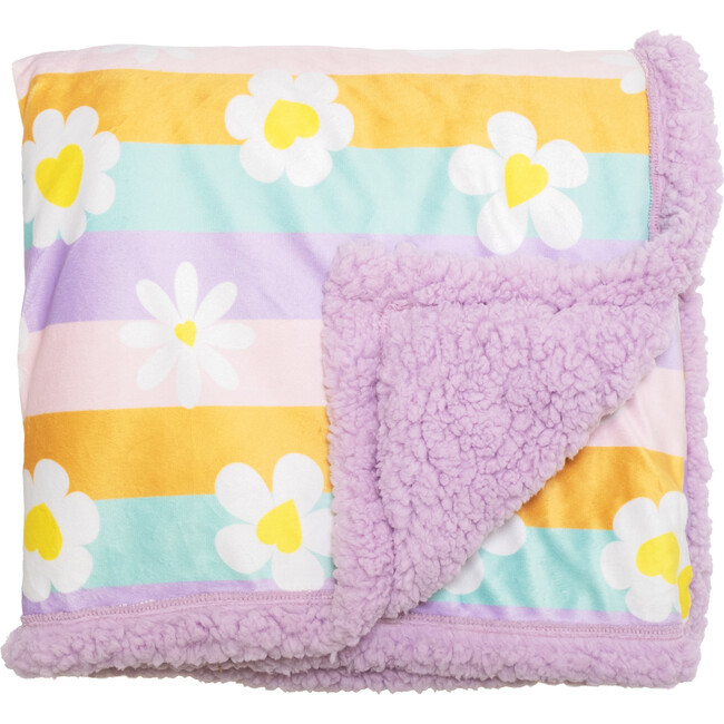 Cozy Switch Blanket Reversible Sherpa & Mink Fleece Blanket with Embroidered Appliqué, Orchid Bouquet Happy Daisy Stripes - Blankets - 3