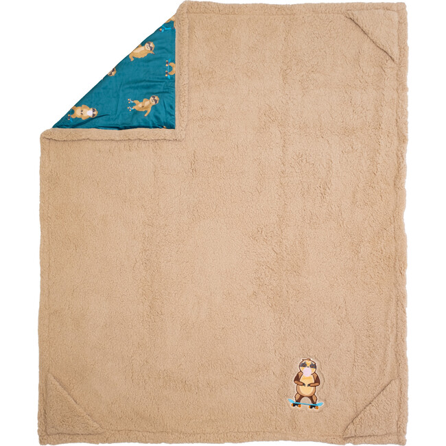 Cozy Switch Blanket Reversible Sherpa & Mink Fleece Blanket with Embroidered Appliqué, Curry Skating Sloth