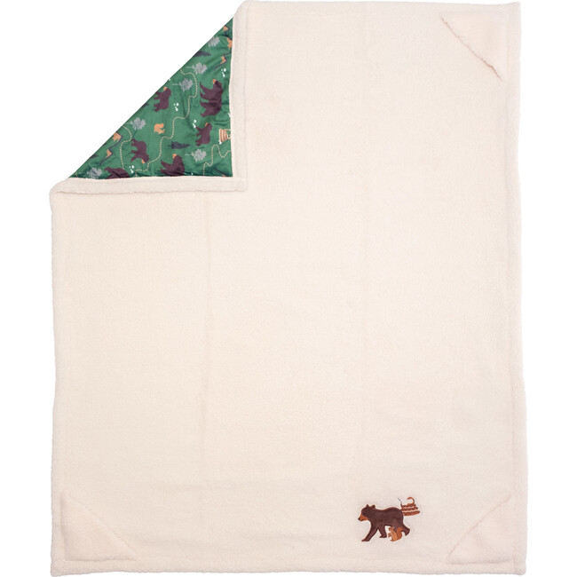 Cozy Switch Blanket Reversible Sherpa & Mink Fleece Blanket with Embroidered Appliqué, Coconut Camping Trails