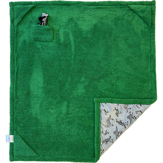 Cozy Switch Blanket Reversible Sherpa & Glow in the Dark Blanket with Plush Toy Pocket, Katydid Skeleton Dino