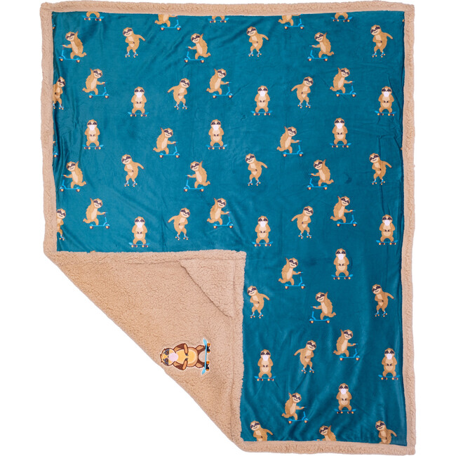 Cozy Switch Blanket Reversible Sherpa & Mink Fleece Blanket with Embroidered Appliqué, Curry Skating Sloth