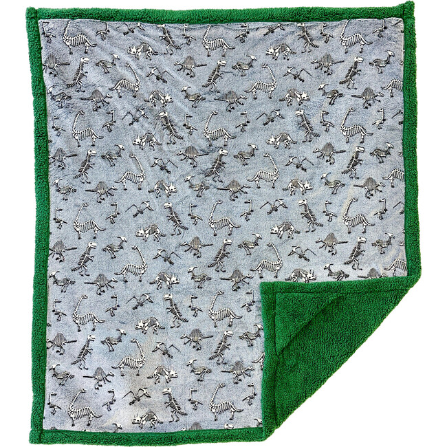 Cozy Switch Blanket Reversible Sherpa & Glow in the Dark Blanket with Plush Toy Pocket, Katydid Skeleton Dino