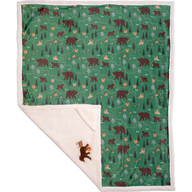 Cozy Switch Blanket Reversible Sherpa & Mink Fleece Blanket with Embroidered Appliqué, Coconut Camping Trails