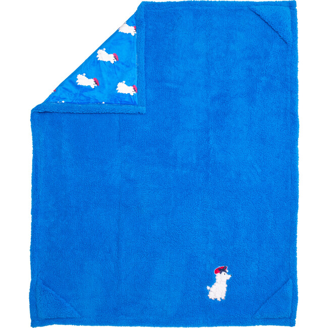 Cozy Switch Blanket Reversible Sherpa & Mink Fleece Blanket with Embroidered Appliqué, Brilliant Blue Poodles