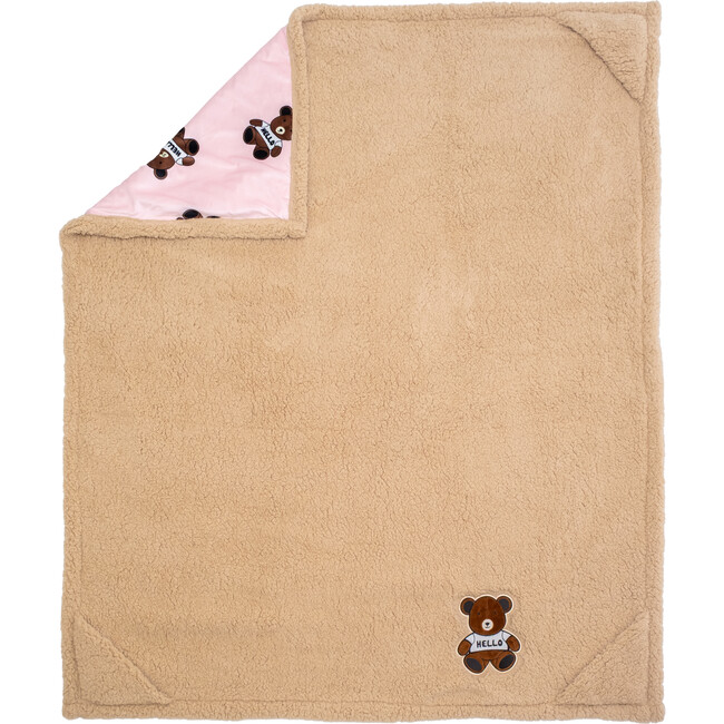 Cozy Switch Blanket Reversible Sherpa & Mink Fleece Blanket with Embroidered Appliqué, Irish Cream Teddy Bears