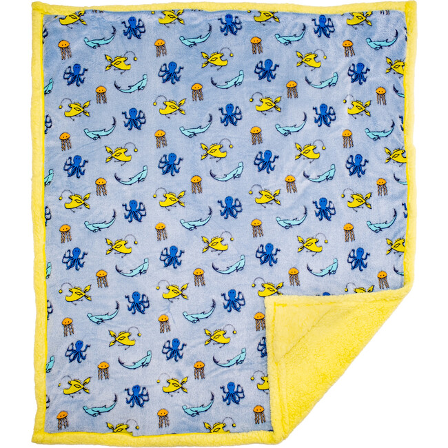 Cozy Switch Blanket Reversible Sherpa & Glow in the Dark Blanket with Plush Toy Pocket, Citrus Sea Life